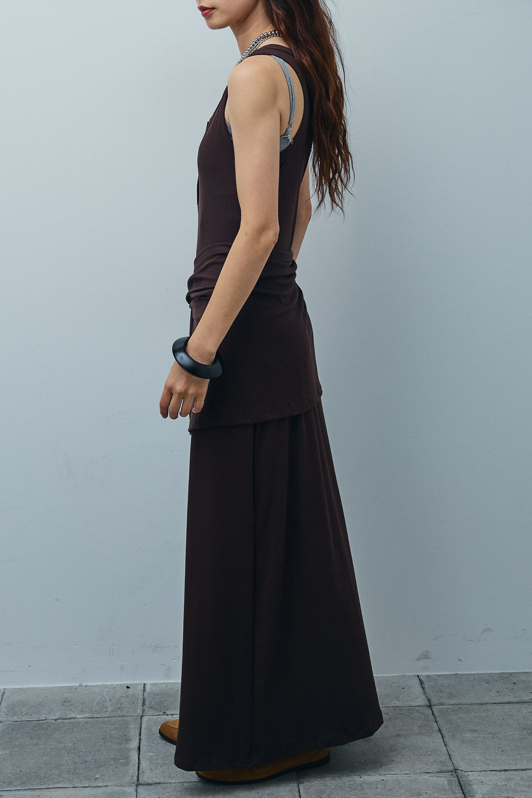 [予約/SET]ラップレイヤードリブロングワンピース+シアーブラウス(2set)