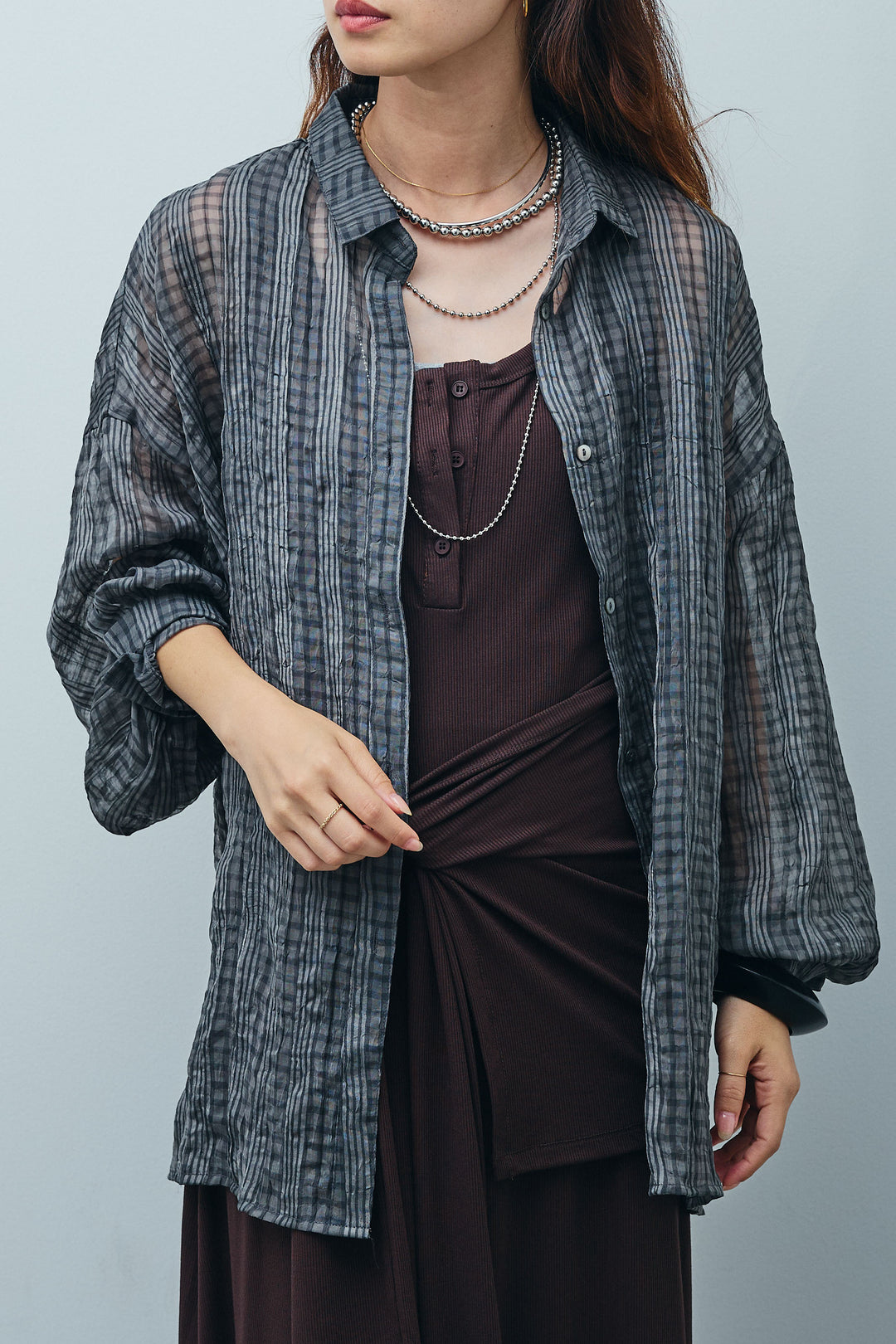 [予約/SET]ラップレイヤードリブロングワンピース+シアーブラウス(2set)