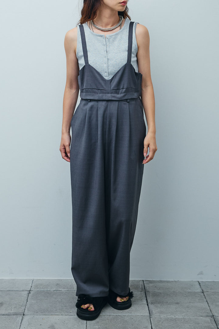 [予約/SET]シアーブラウス+セルフカットリブヘンリーネックノースリーブトップス+TRツイル2wayビスチェサロペ(3set)