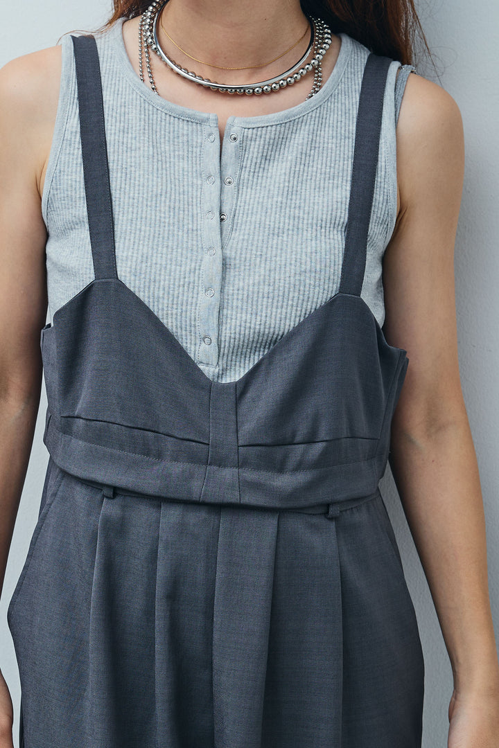 [予約/SET]シアーブラウス+セルフカットリブヘンリーネックノースリーブトップス+TRツイル2wayビスチェサロペ(3set)