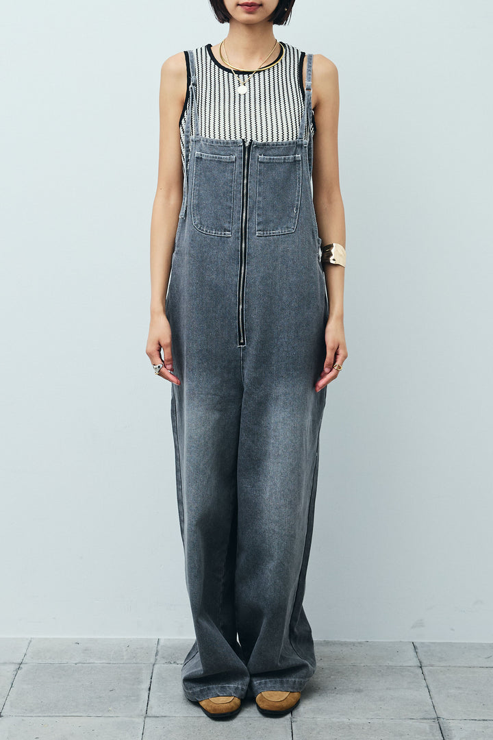 [予約/SET]リネンタッチ金ボタンカーデ+テレコリブカップ付きノースリーブ トップス+フロントジップストラップデザインデニムサロペット(3set)