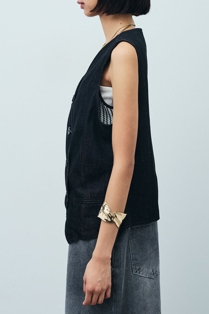 [予約/SET]アシメボタンデニムベスト+ニットスカート(2set)