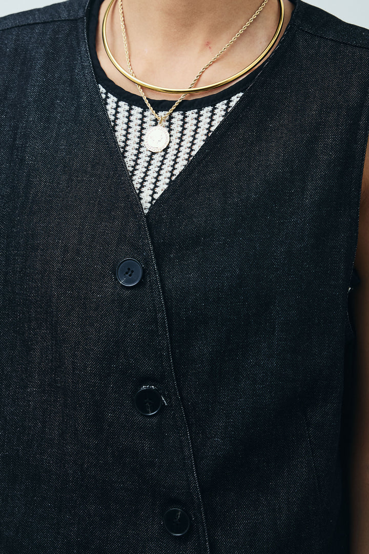 [予約/SET]アシメボタンデニムベスト+ストライプレースタンクトップ+フロントジップストラップデザインデニムサロペット(3set)