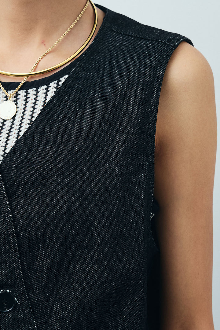 [予約/SET]アシメボタンデニムベスト+合繊ツイルジャンプスーツ(2set)