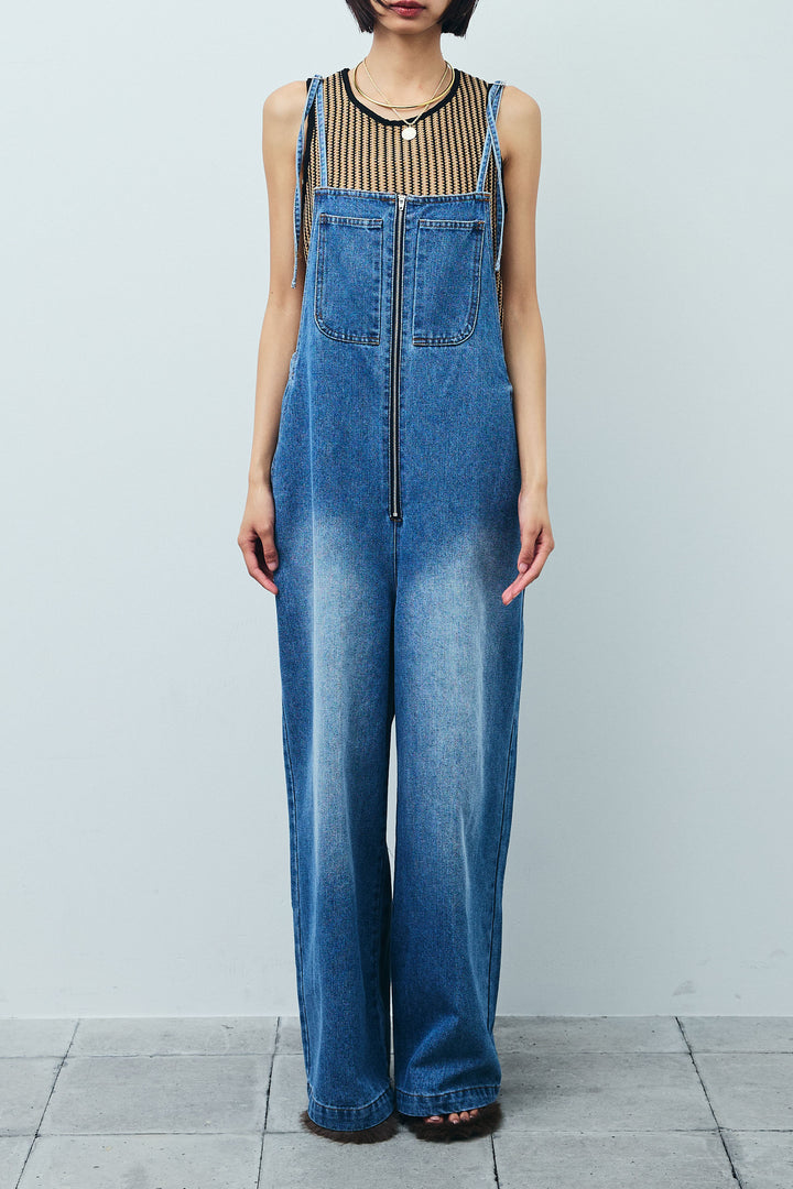 [予約/SET]リネンタッチ金ボタンカーデ+フロントジップストラップデザインデニムサロペット(2set)