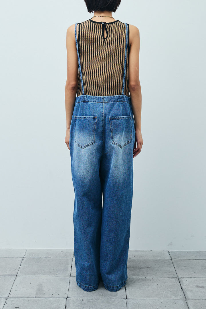 [予約/SET]リネンランダムフリルブラウス+フロントジップストラップデザインデニムサロペット(2set)