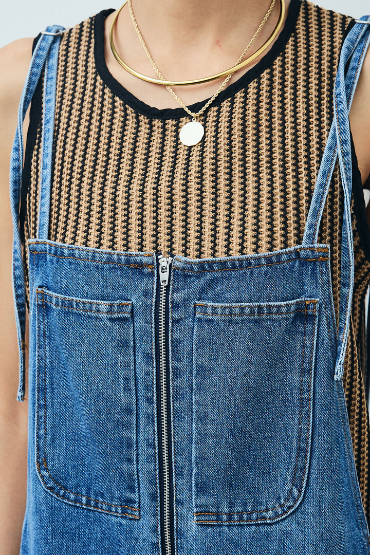 [予約/SET]リネンタッチ金ボタンカーデ+フロントジップストラップデザインデニムサロペット(2set)