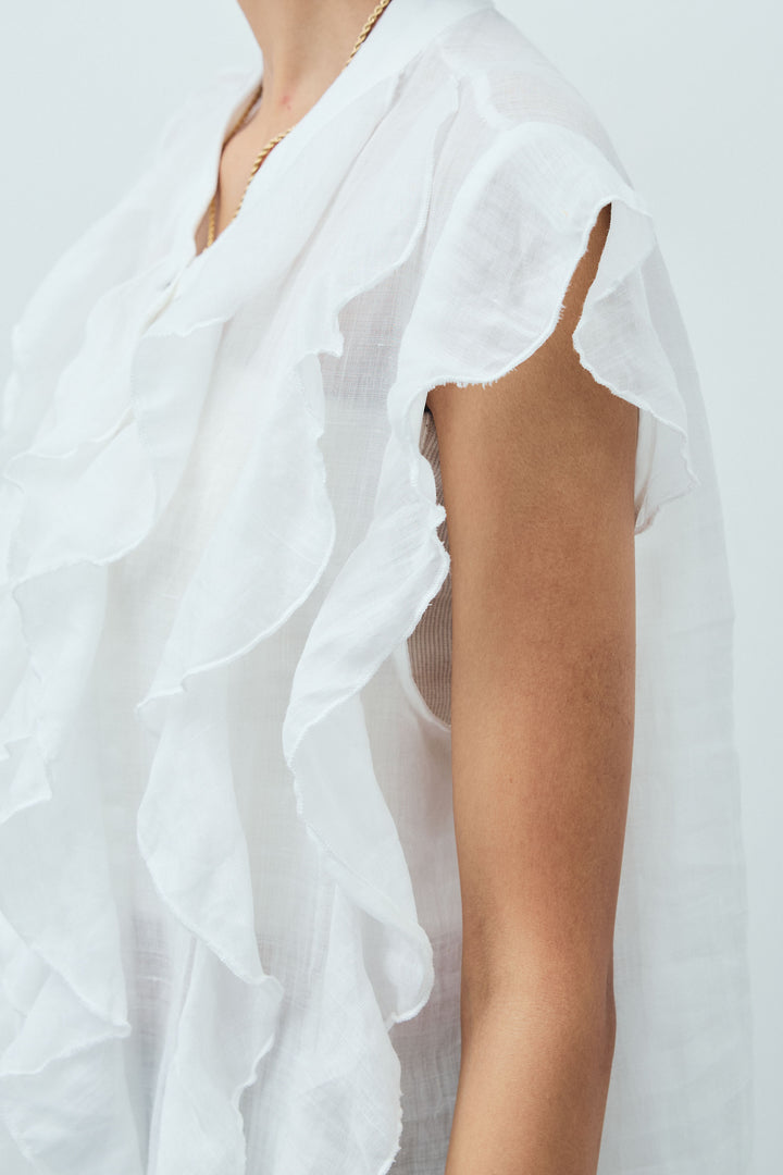 [予約/SET]リネンランダムフリルブラウス+フロントジップストラップデザインデニムサロペット(2set)