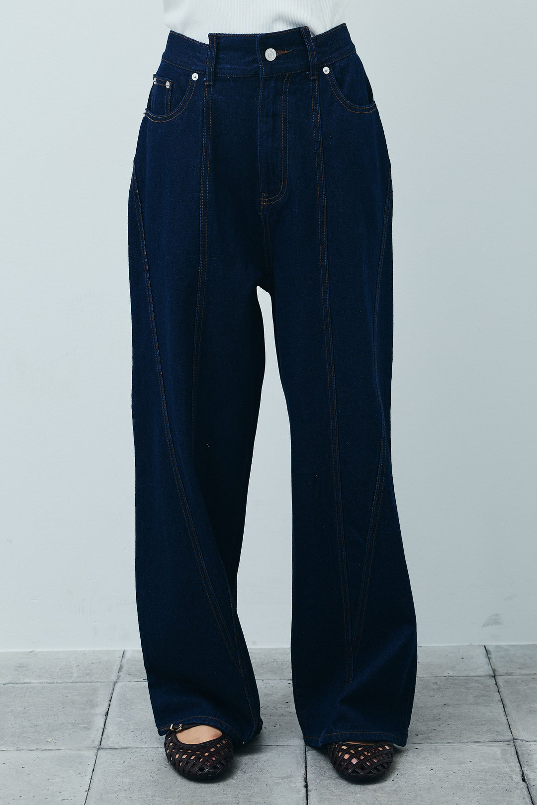 [予約]デニム切り替えストレートパンツ