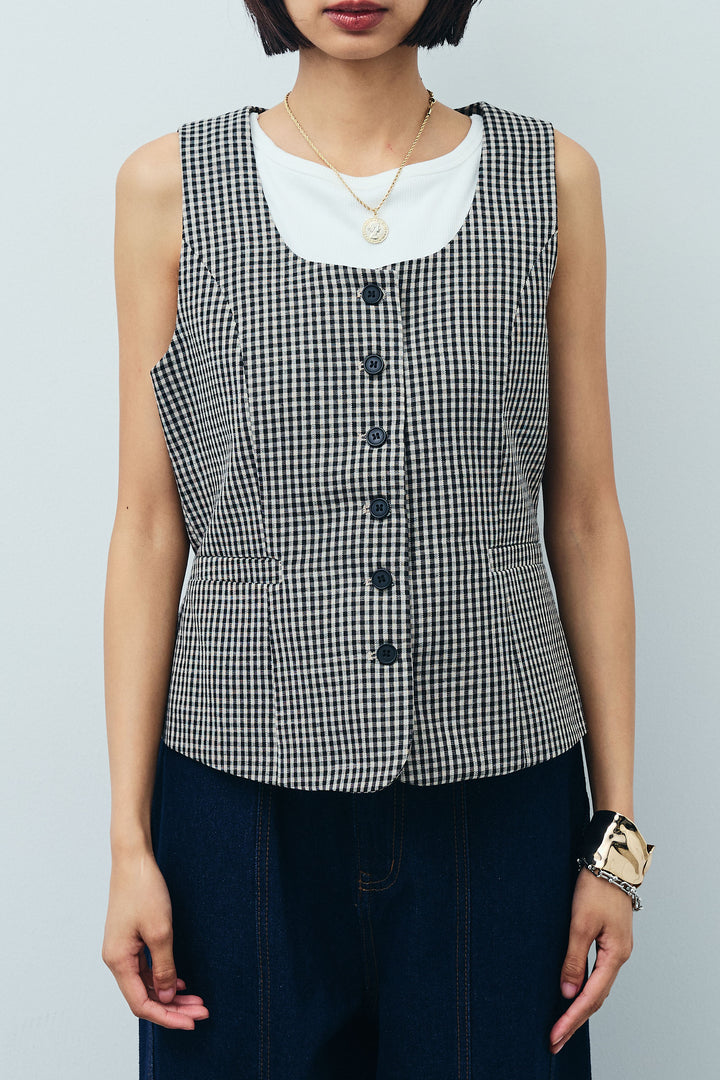 [予約/SET]チェックベスト+デニム切り替えストレートパンツ(2set)