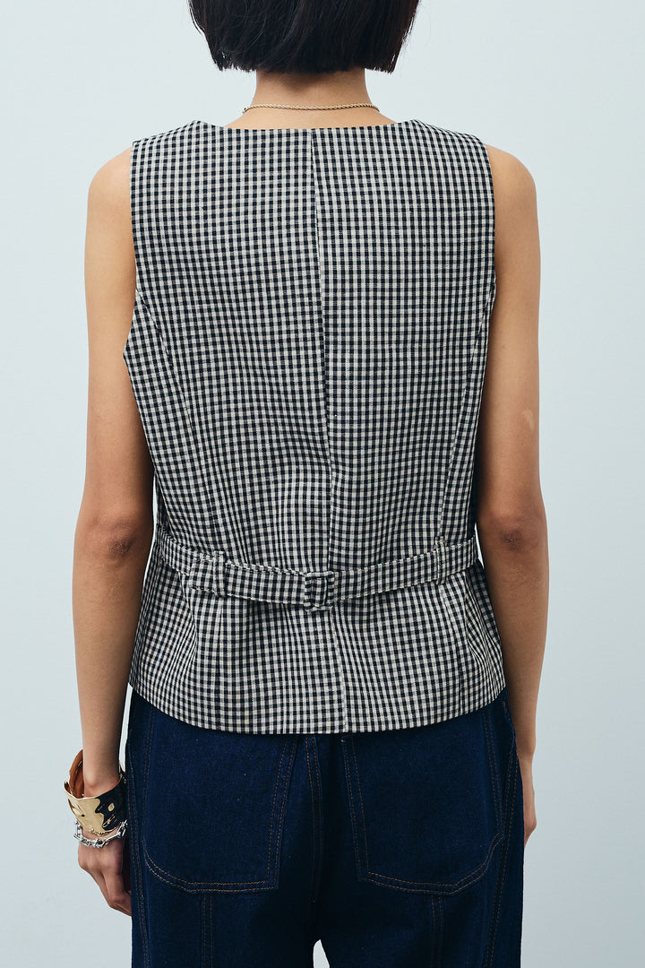 [予約/SET]チェックベスト+ツイル切り替えストレートパンツ(2set)