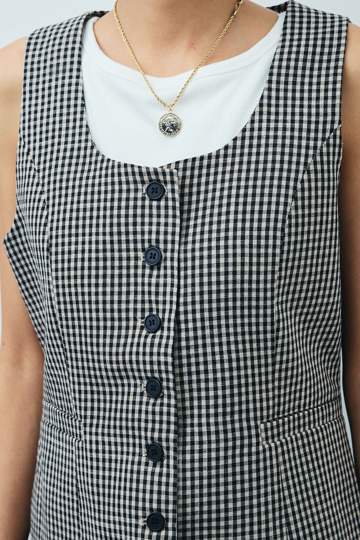 [予約/SET]チェックベスト+ツイル切り替えストレートパンツ(2set)