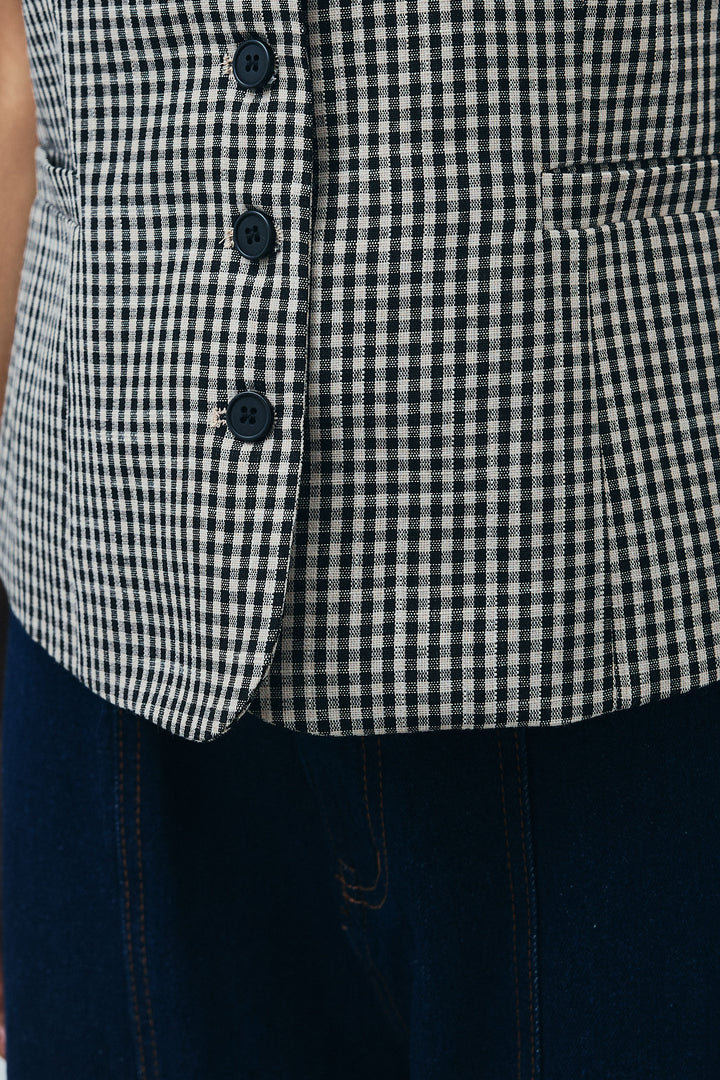 [予約/SET]チェックベスト+デニム切り替えストレートパンツ(2set)