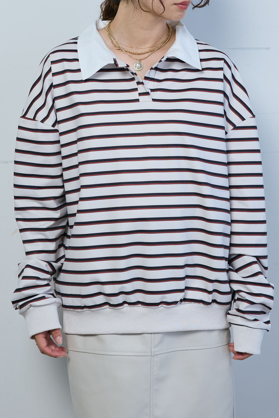 [予約/SET]ポロ襟ボーダーTOPS+エコレザーバックスリットペンシルスカート(2set)