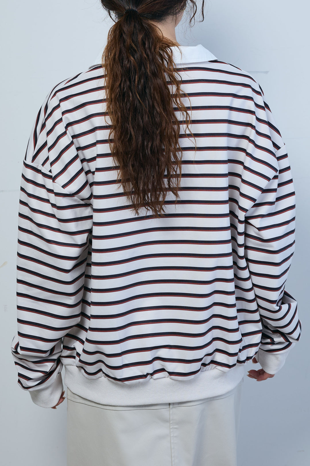 [予約/SET]ポロ襟ボーダーTOPS+エコレザーバックスリットペンシルスカート(2set)