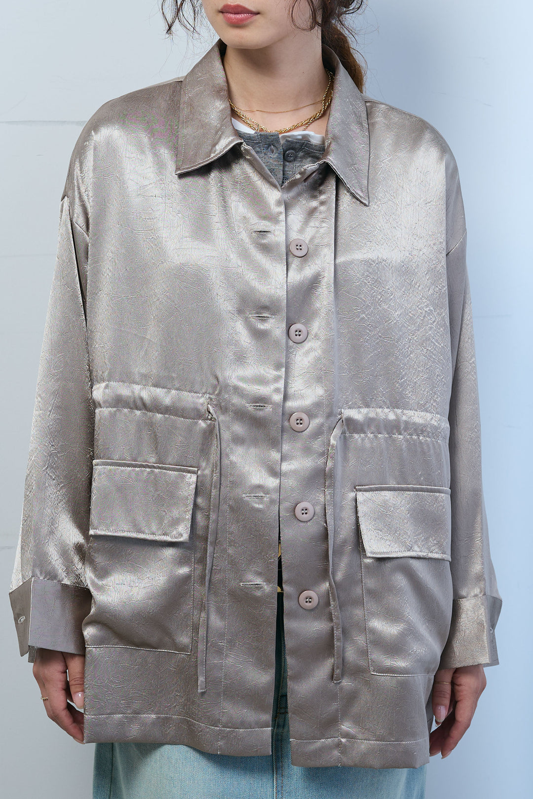 [予約/SET]サテンミリタリーシャツJK+ボックスデニム膝丈SK(2set)