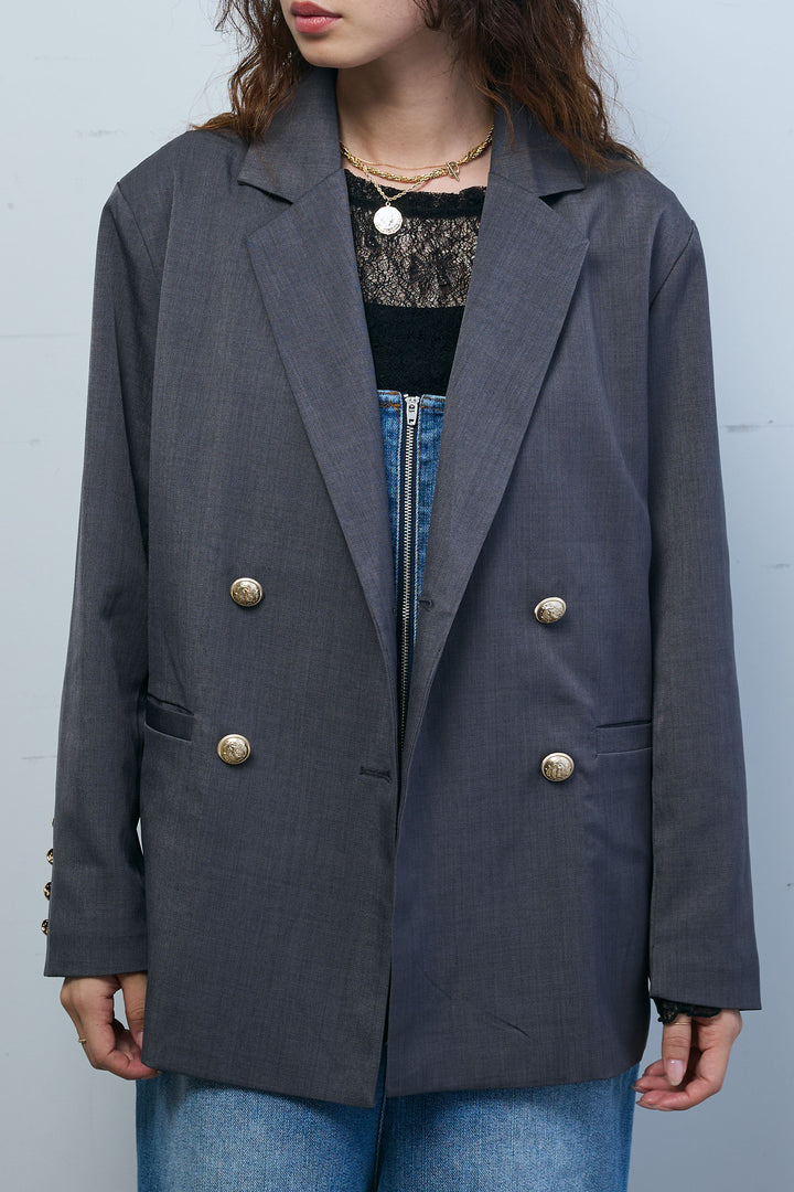 [予約/SET]TRツイルダブルテーラードジャケット+フロントジップストラップデザインデニムサロペット(2set)