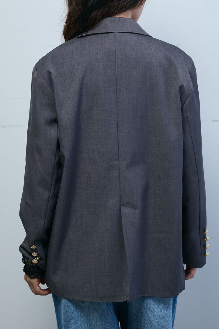 [予約/SET]TRツイルダブルテーラードジャケット+シアーレーストップス+フロントジップストラップデザインデニムサロペット(3set)