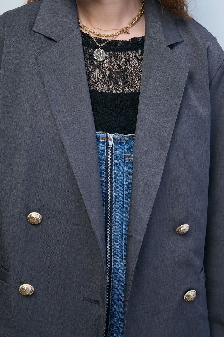 [予約/SET]TRツイルダブルテーラードジャケット+シアーレーストップス+フロントジップストラップデザインデニムサロペット(3set)