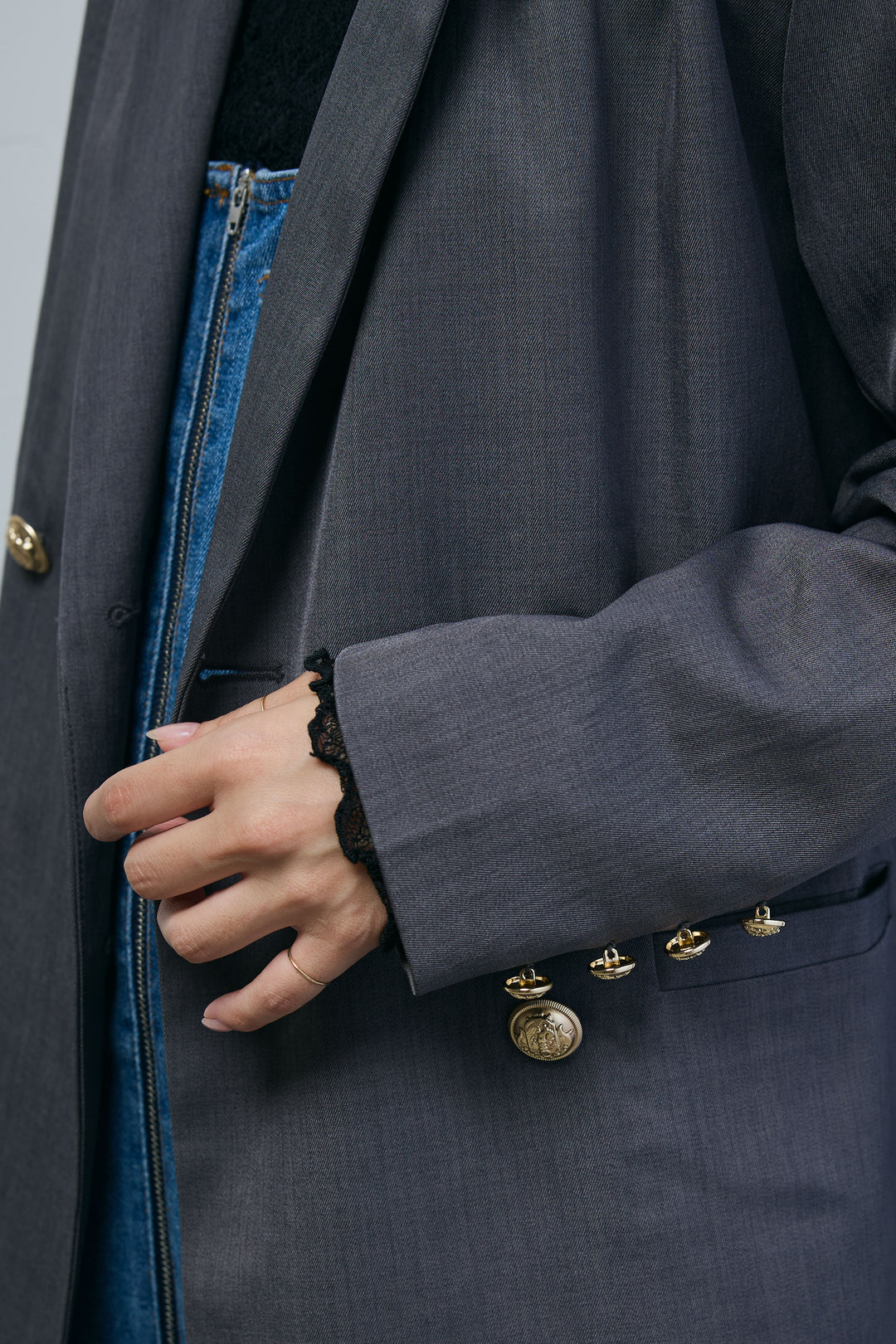 [予約/SET]TRツイルダブルテーラードジャケット+フロントジップストラップデザインデニムサロペット(2set)