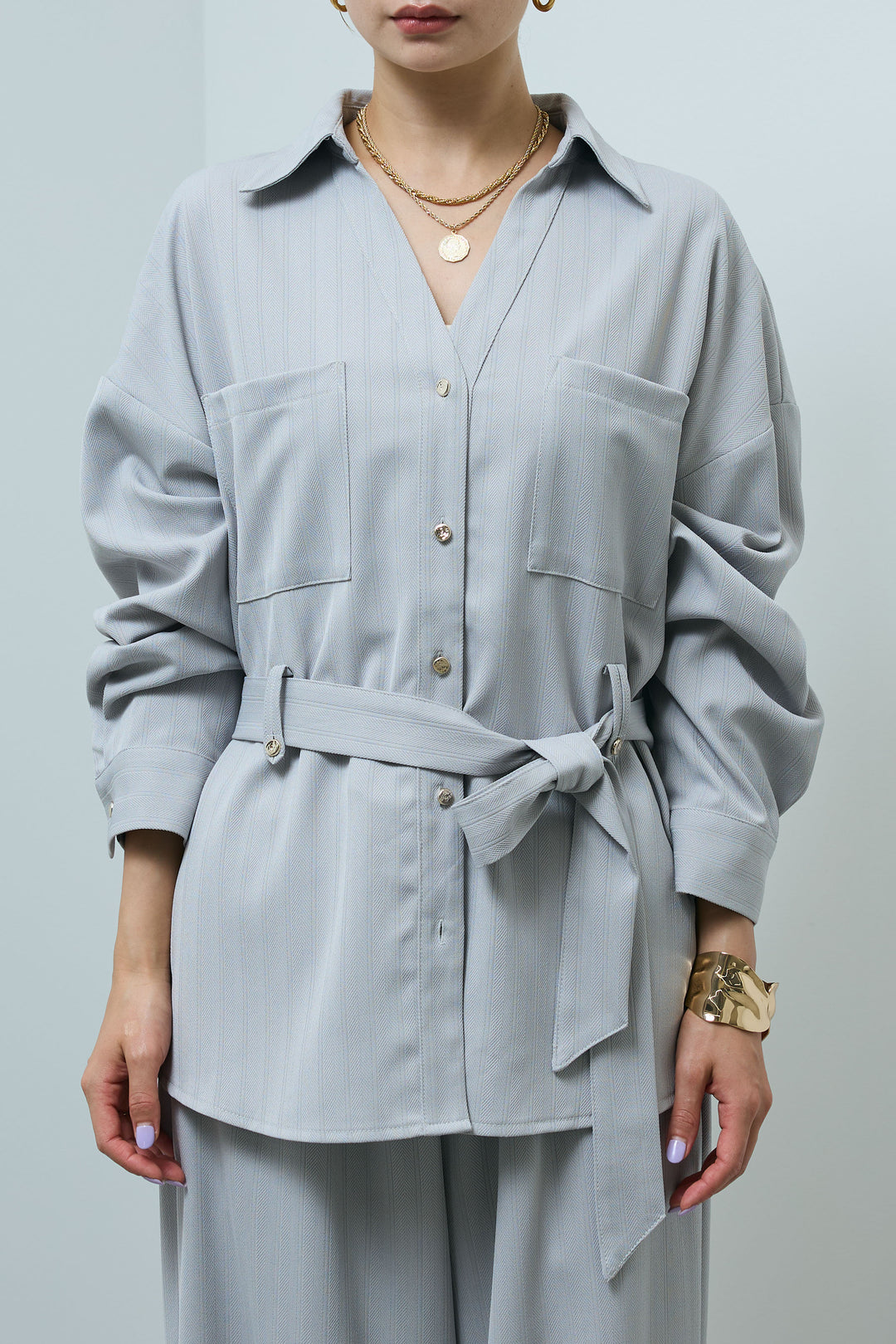 ミニヘリンボーンベルト付きシャツ