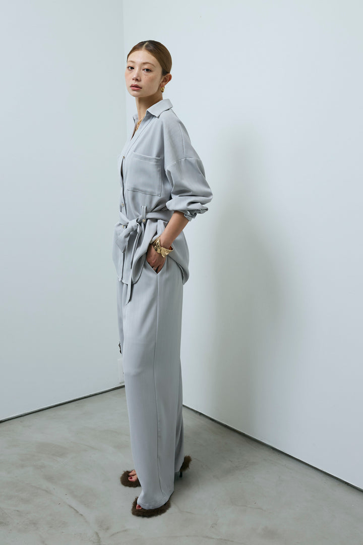 ミニヘリンボーンベルト付きシャツ+ミニヘリンボーンストレートイージーワイドPT(2set)