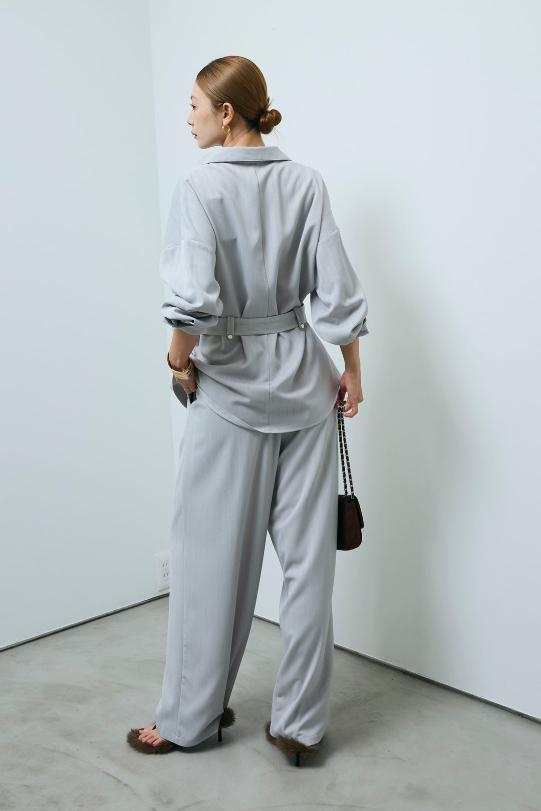 ミニヘリンボーンベルト付きシャツ+ミニヘリンボーンストレートイージーワイドPT(2set)