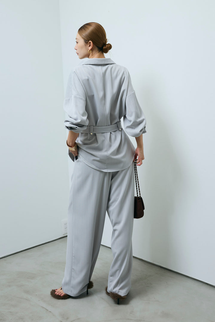 ミニヘリンボーンベルト付きシャツ+ミニヘリンボーンストレートイージーワイドPT(2set)