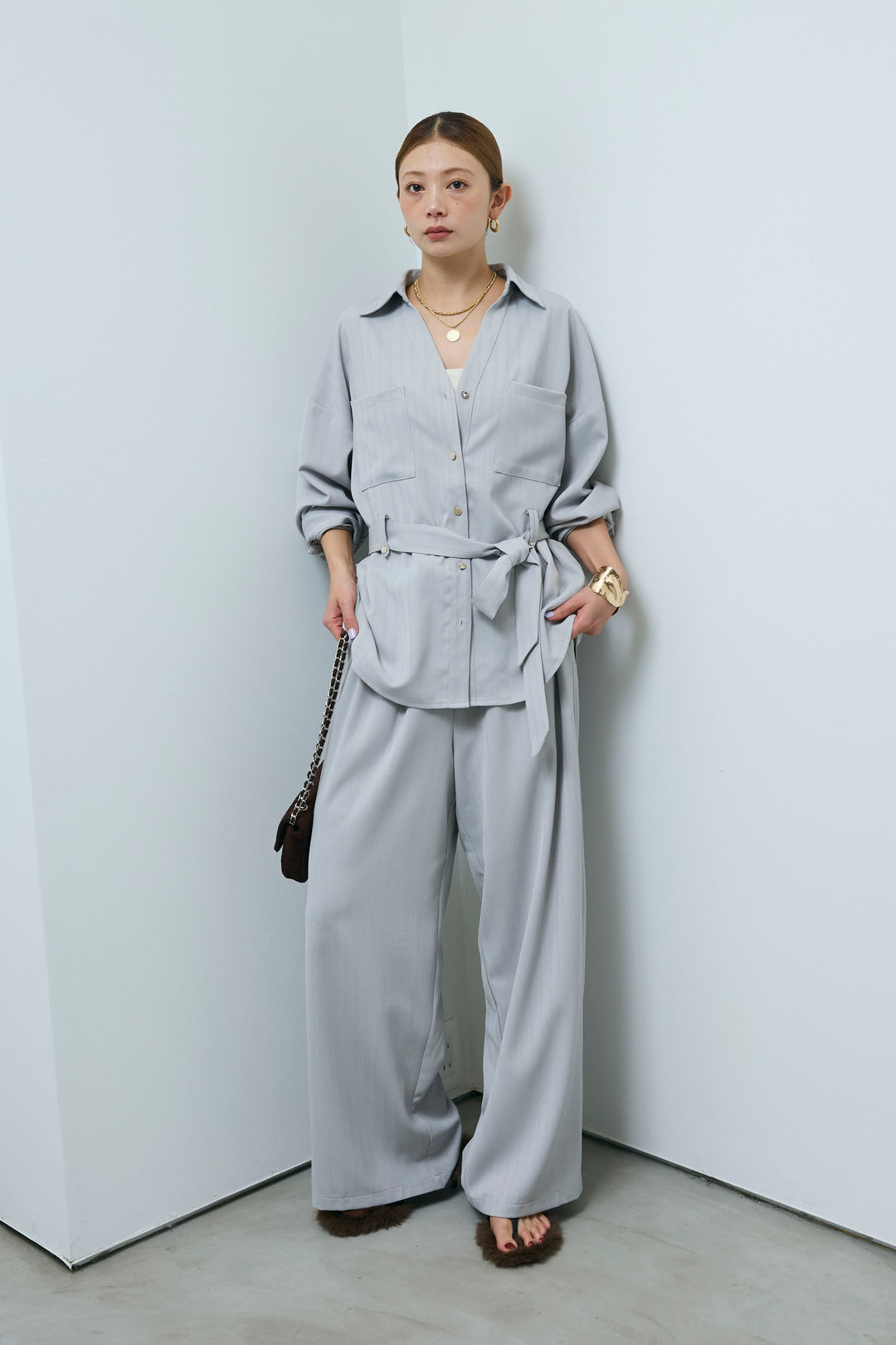 ミニヘリンボーンベルト付きシャツ+ミニヘリンボーンストレートイージーワイドPT(2set)