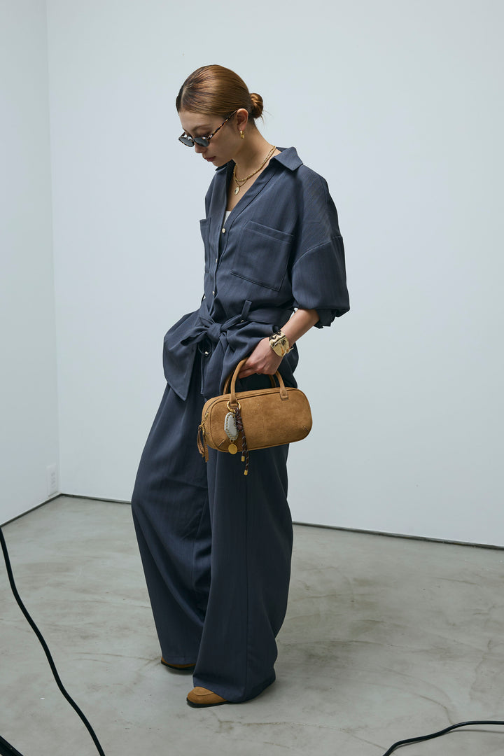 ミニヘリンボーンベルト付きシャツ+ミニヘリンボーンストレートイージーワイドPT(2set)