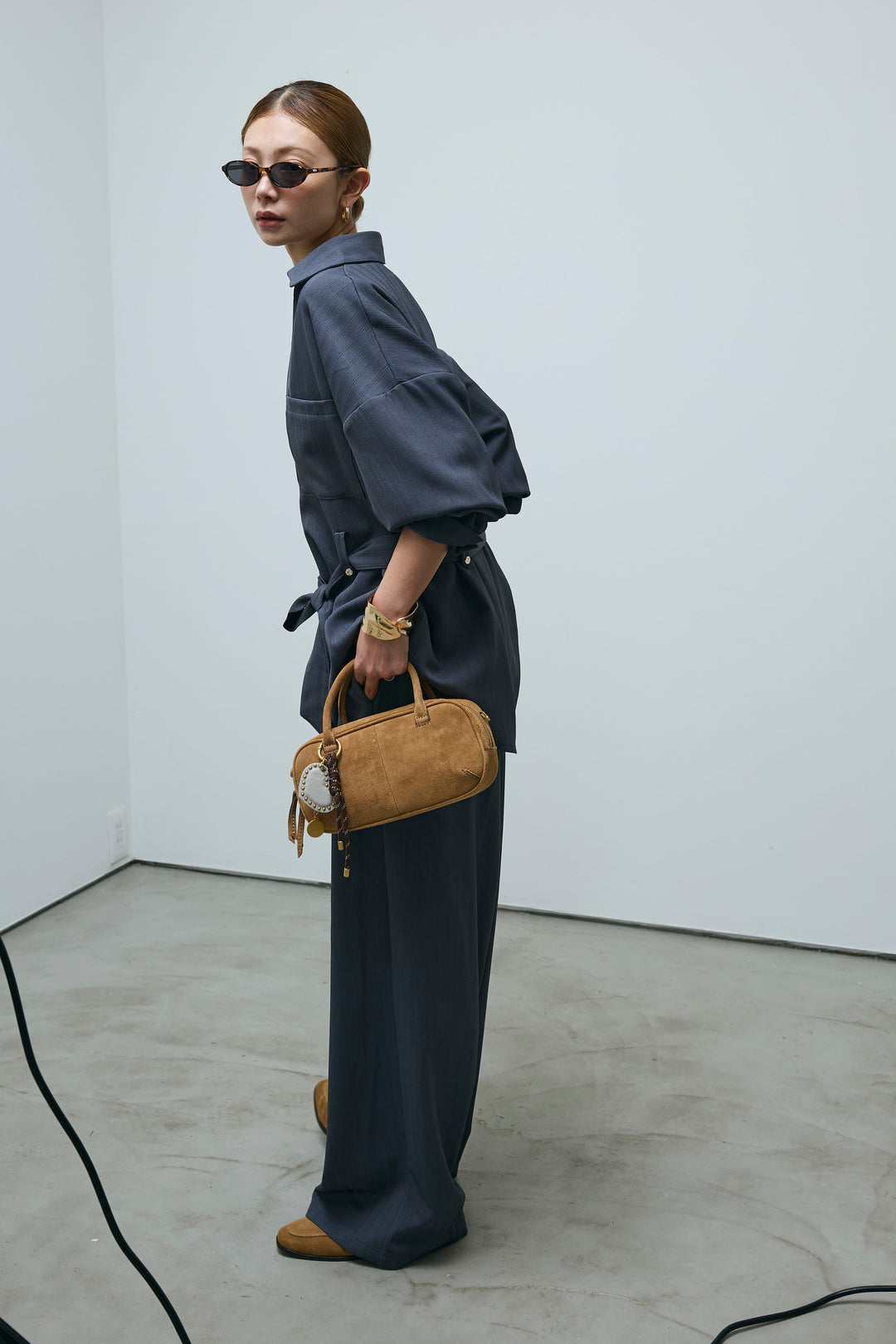 ミニヘリンボーンベルト付きシャツ+ミニヘリンボーンストレートイージーワイドPT(2set)