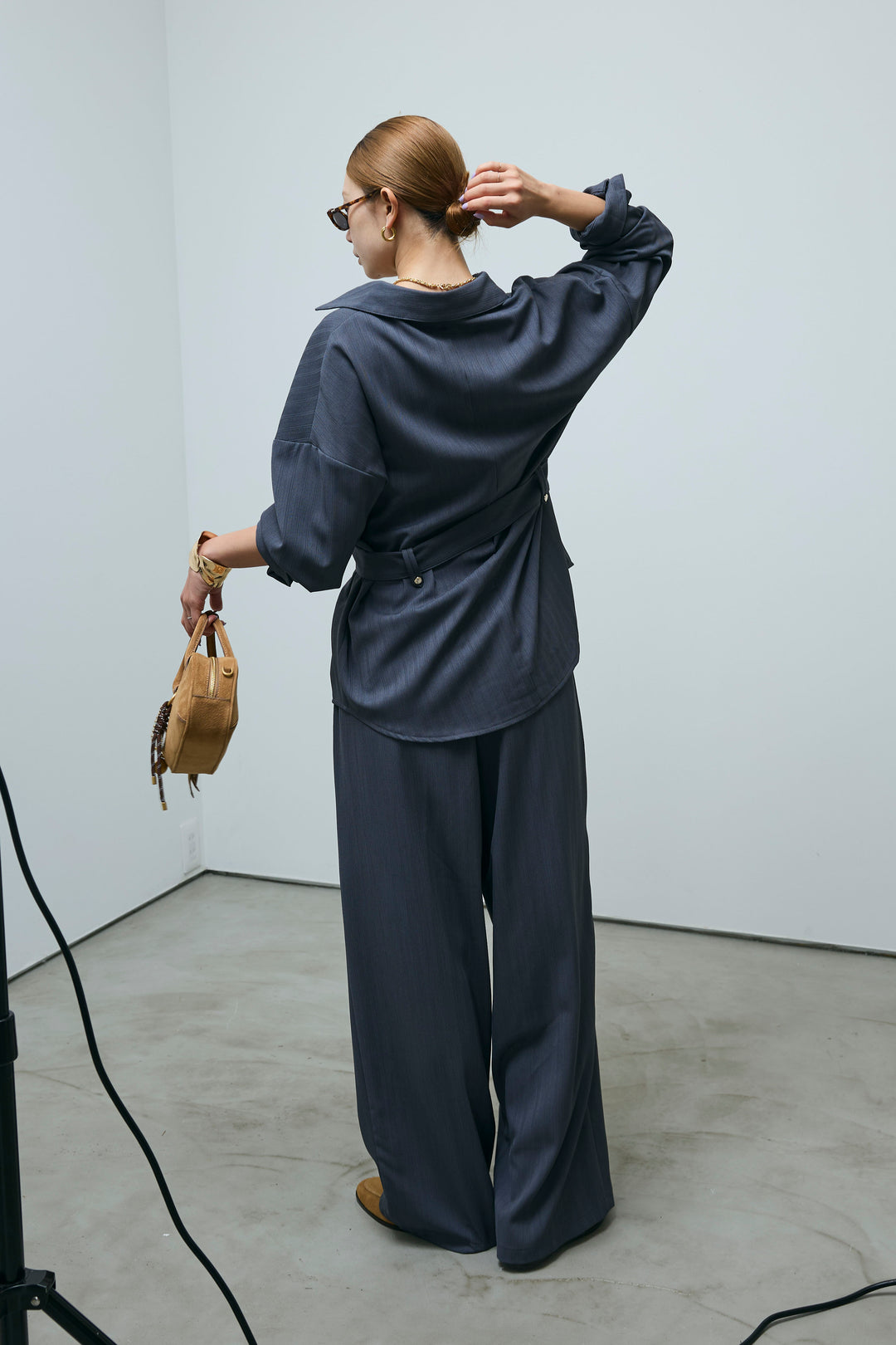 ミニヘリンボーンベルト付きシャツ+ミニヘリンボーンストレートイージーワイドPT(2set)