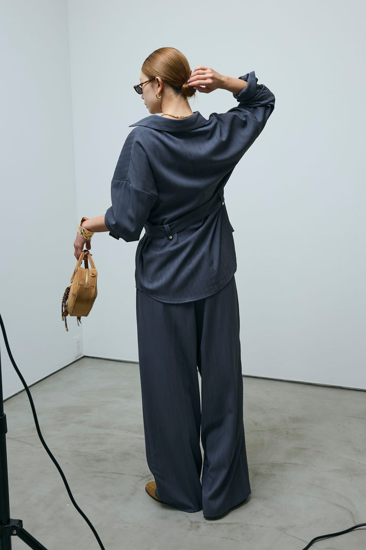 ミニヘリンボーンベルト付きシャツ+ミニヘリンボーンストレートイージーワイドPT(2set)