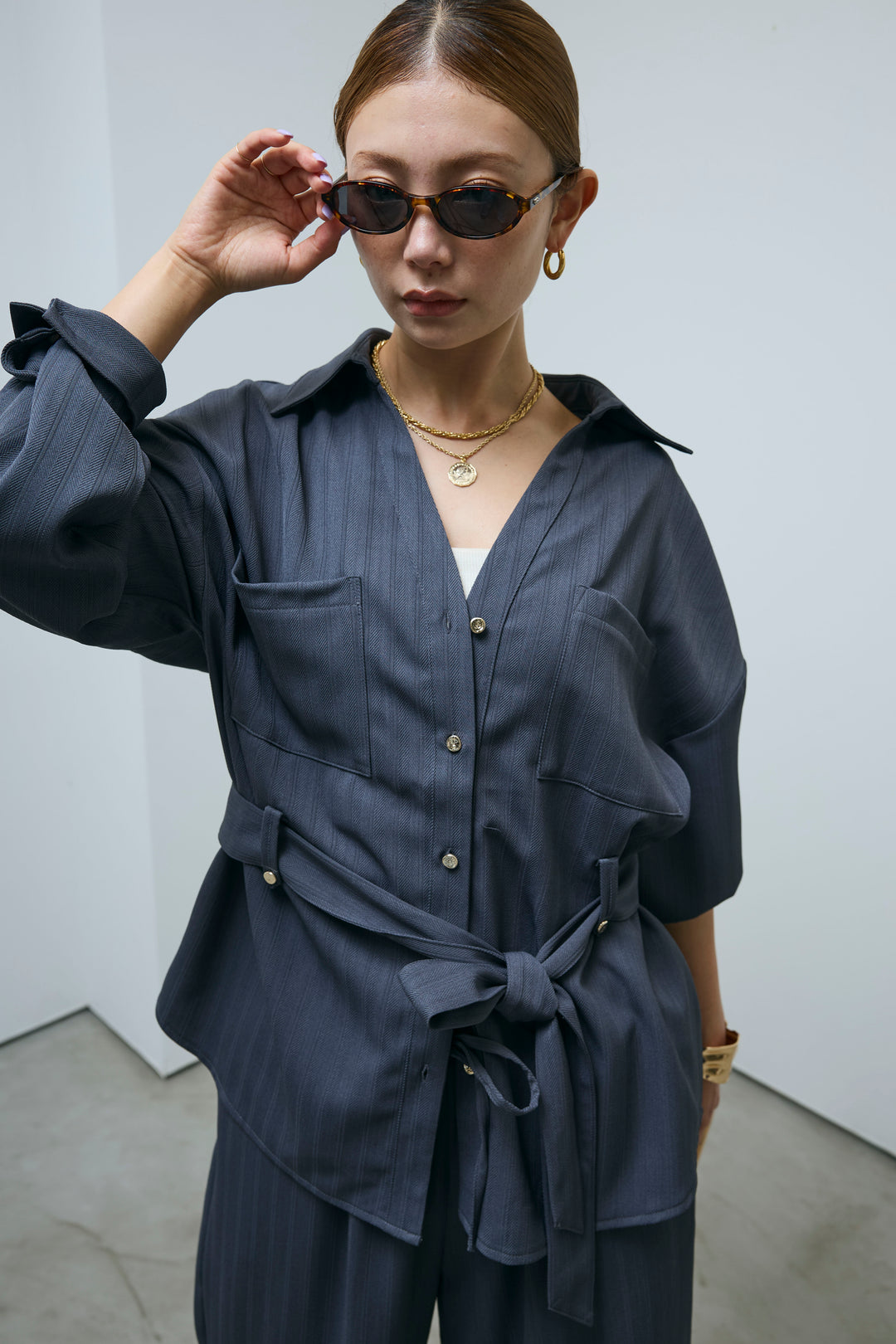 ミニヘリンボーンベルト付きシャツ+ミニヘリンボーンストレートイージーワイドPT(2set)