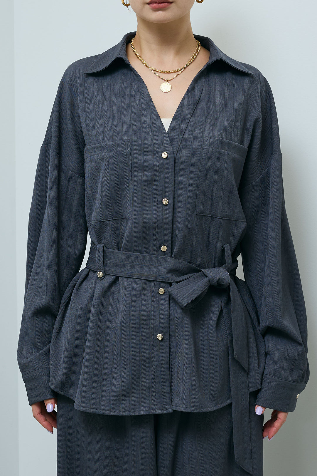 ミニヘリンボーンベルト付きシャツ