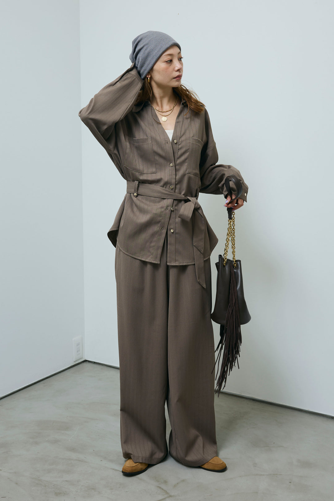 ミニヘリンボーンベルト付きシャツ+ミニヘリンボーンストレートイージーワイドPT(2set)