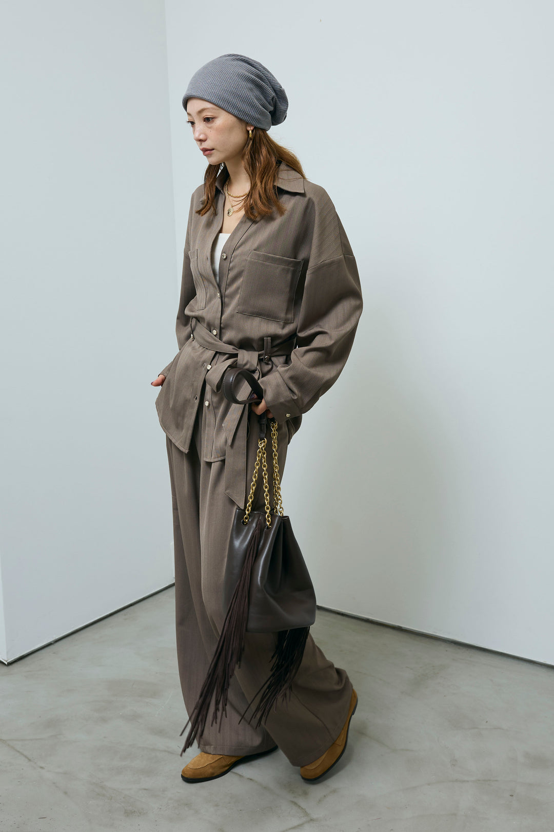 ミニヘリンボーンベルト付きシャツ+ミニヘリンボーンストレートイージーワイドPT(2set)