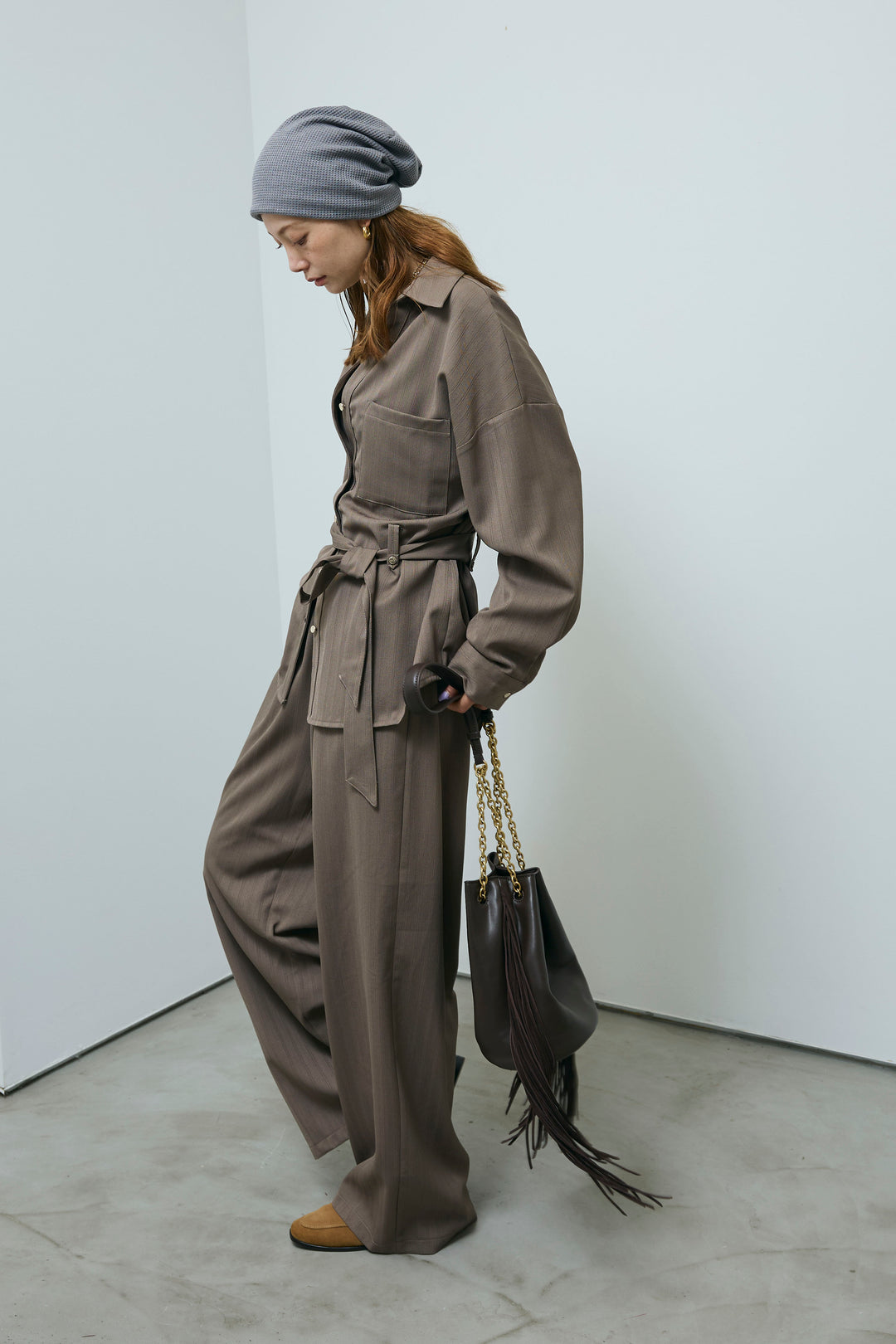 ミニヘリンボーンベルト付きシャツ+ミニヘリンボーンストレートイージーワイドPT(2set)