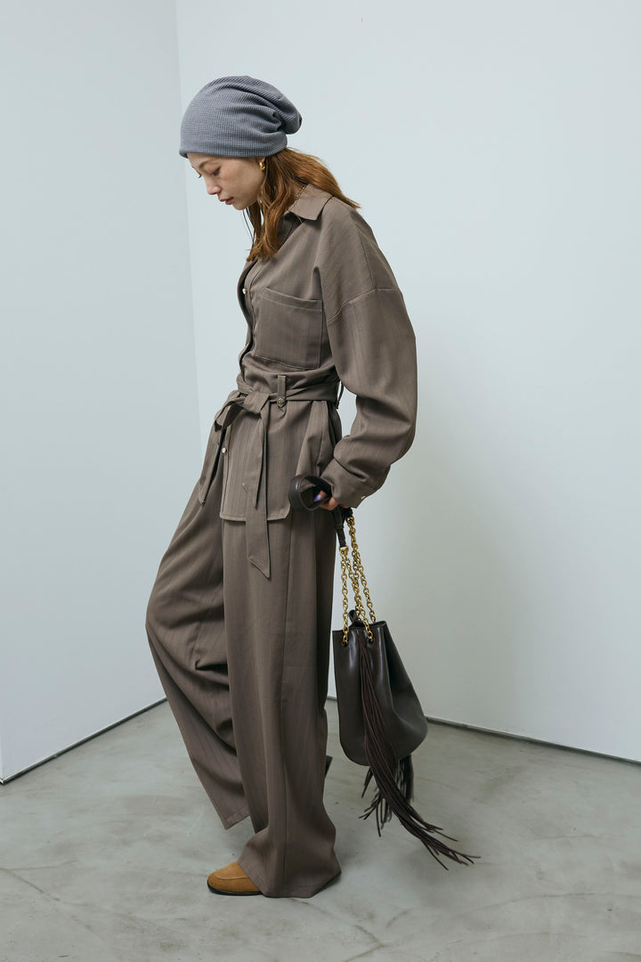 ミニヘリンボーンベルト付きシャツ+ミニヘリンボーンストレートイージーワイドPT(2set)