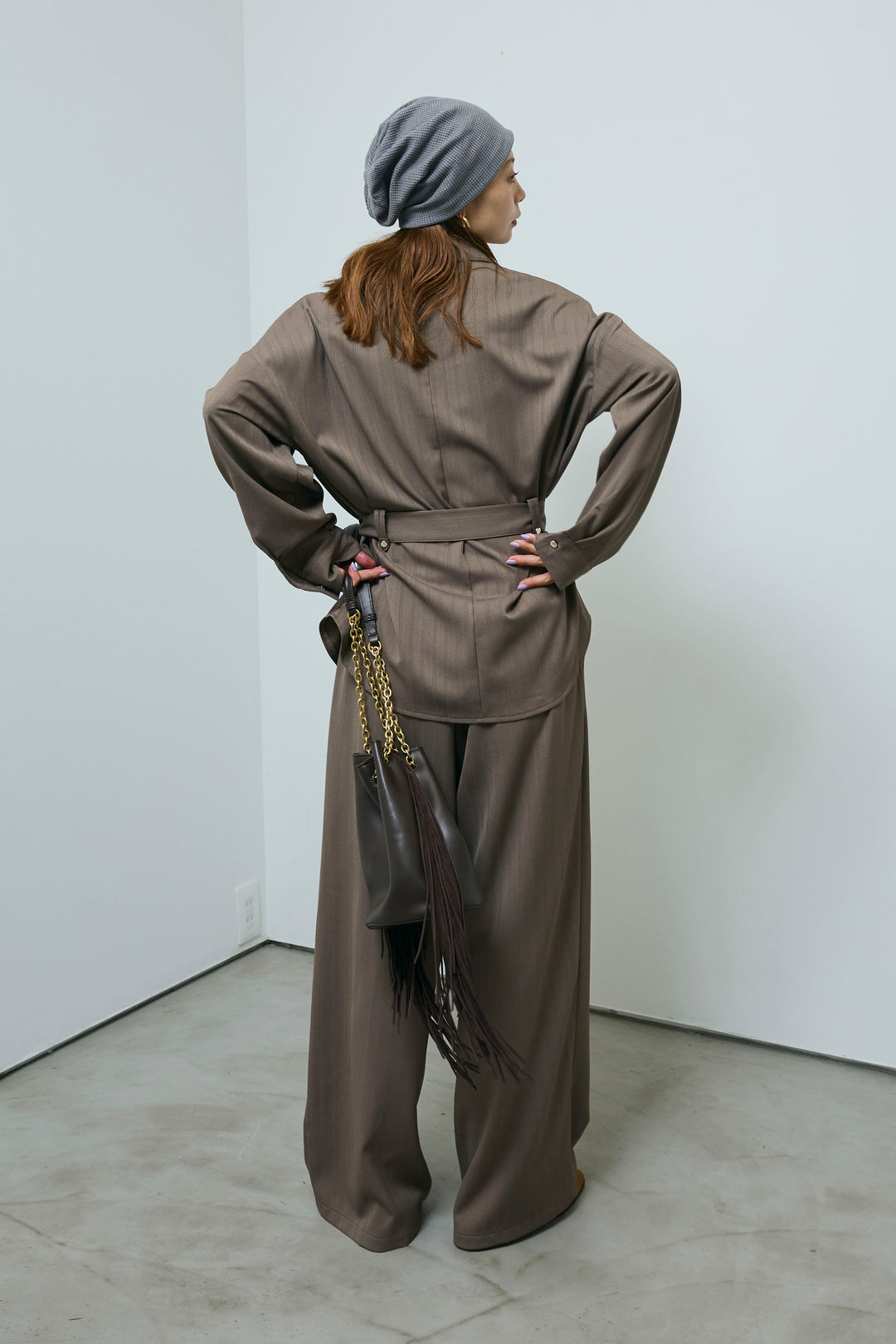 ミニヘリンボーンベルト付きシャツ+ミニヘリンボーンストレートイージーワイドPT(2set)