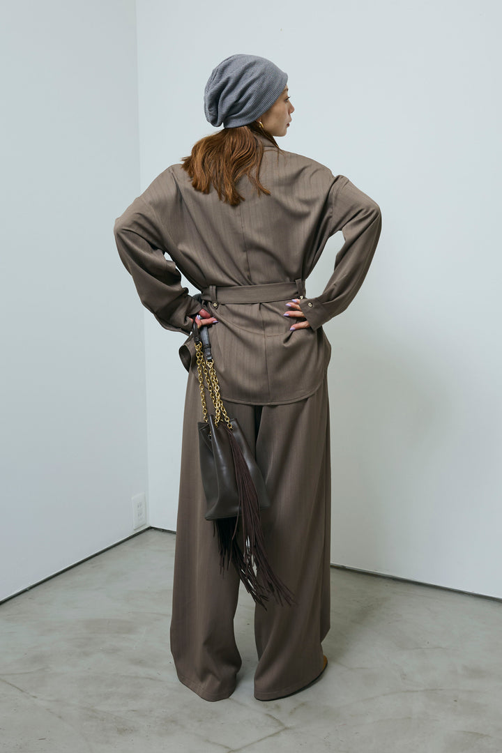 ミニヘリンボーンベルト付きシャツ+ミニヘリンボーンストレートイージーワイドPT(2set)