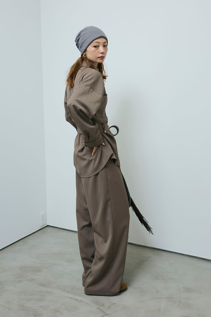 ミニヘリンボーンベルト付きシャツ+ミニヘリンボーンストレートイージーワイドPT(2set)