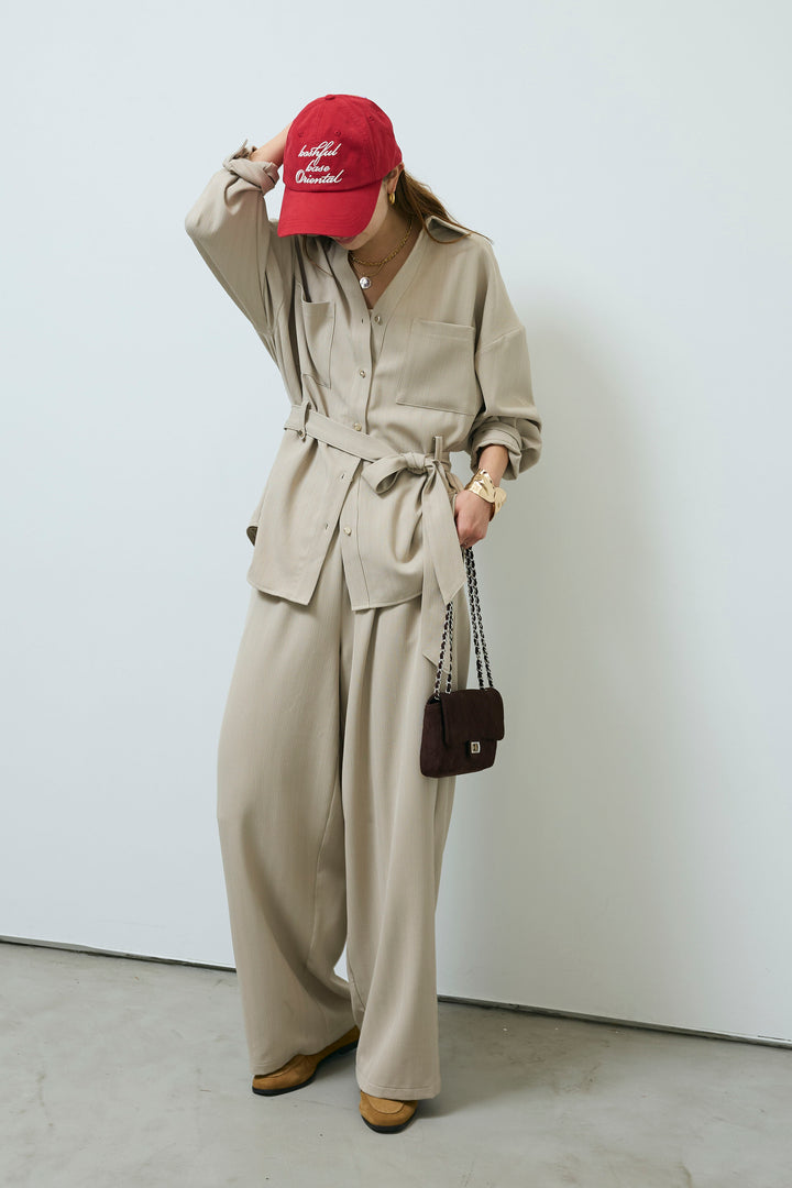 ミニヘリンボーンベルト付きシャツ+ミニヘリンボーンストレートイージーワイドPT(2set)