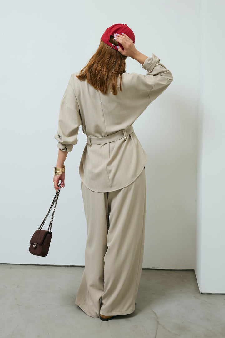 ミニヘリンボーンベルト付きシャツ+ミニヘリンボーンストレートイージーワイドPT(2set)