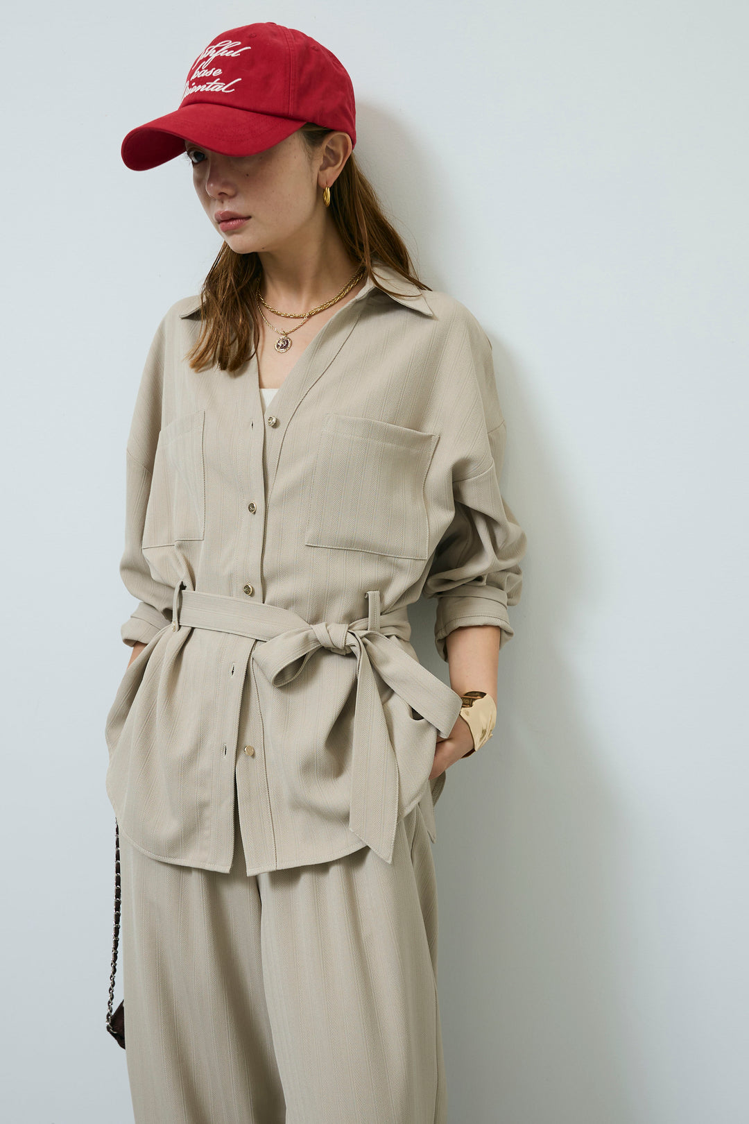 ミニヘリンボーンベルト付きシャツ+ミニヘリンボーンストレートイージーワイドPT(2set)