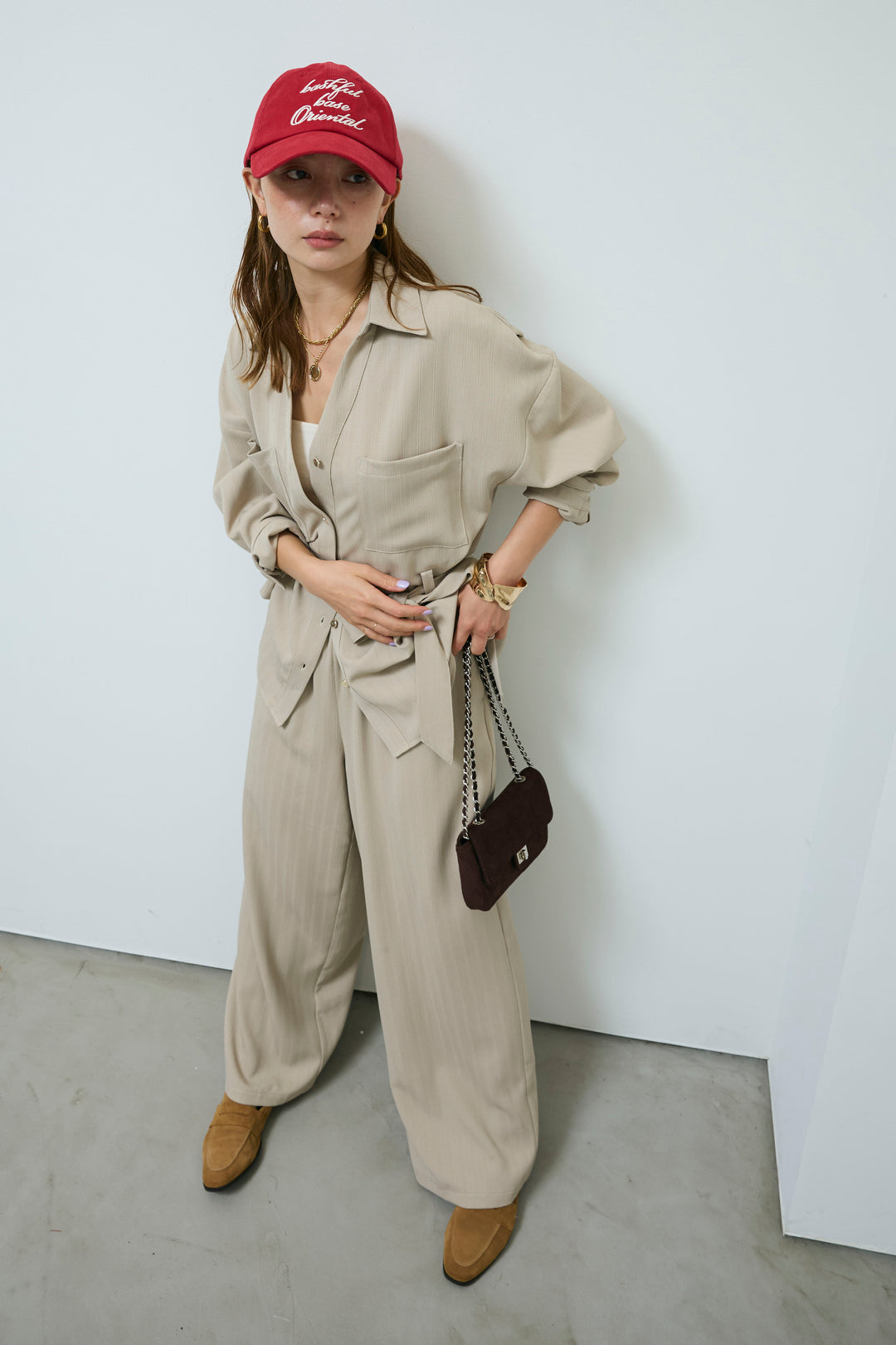 ミニヘリンボーンベルト付きシャツ+ミニヘリンボーンストレートイージーワイドPT(2set)