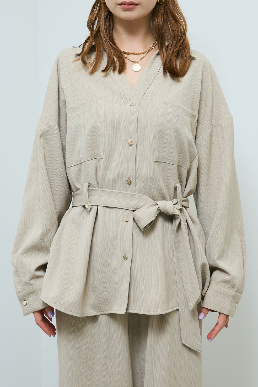 ミニヘリンボーンベルト付きシャツ