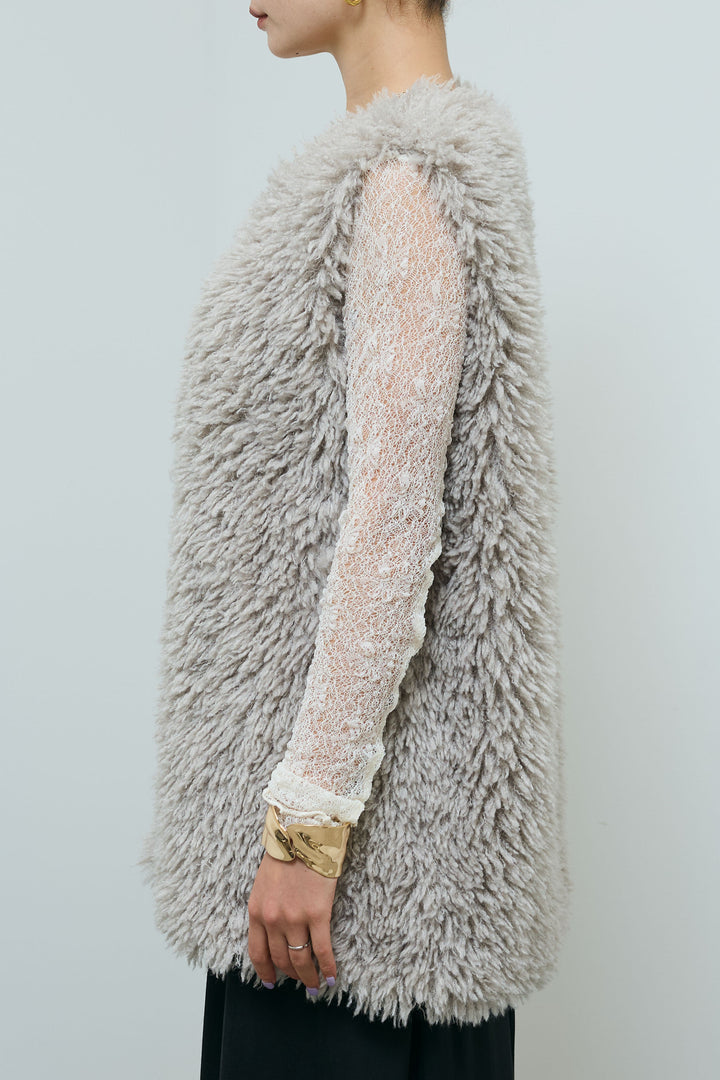 [予約/SET]プードルファーベスト+シアーレーストップス+フロントジップストラップデザインデニムサロペット(3set)