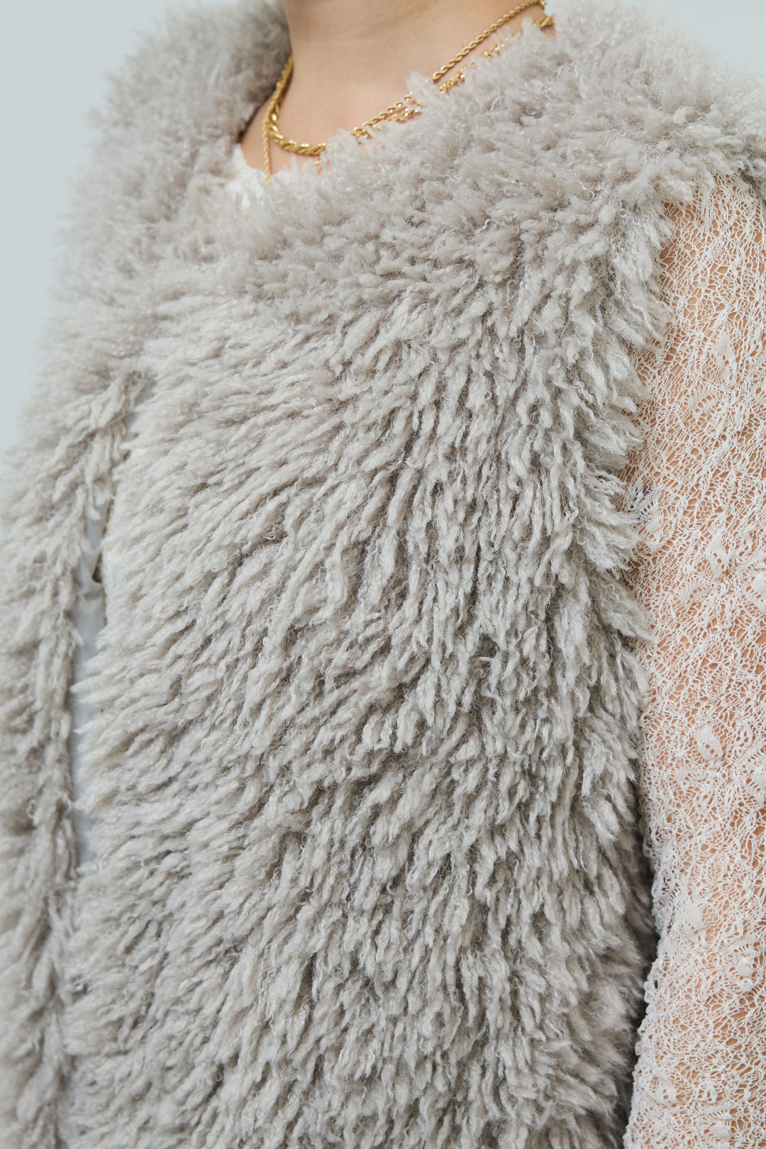 [予約/SET]プードルファーベスト+シアーレーストップス+フロントジップストラップデザインデニムサロペット(3set)