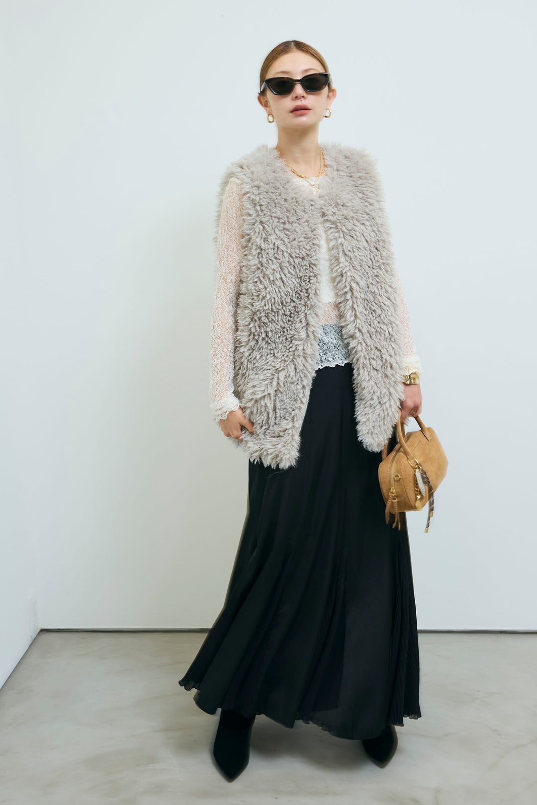 [予約/SET]プードルファーベスト+プリーツシアー切り替えスカート(2set)